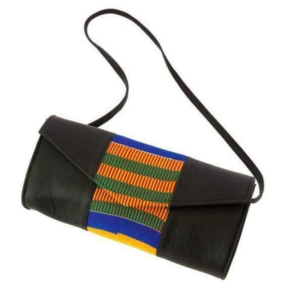 African Kente Cloth and Faux Leather Purse